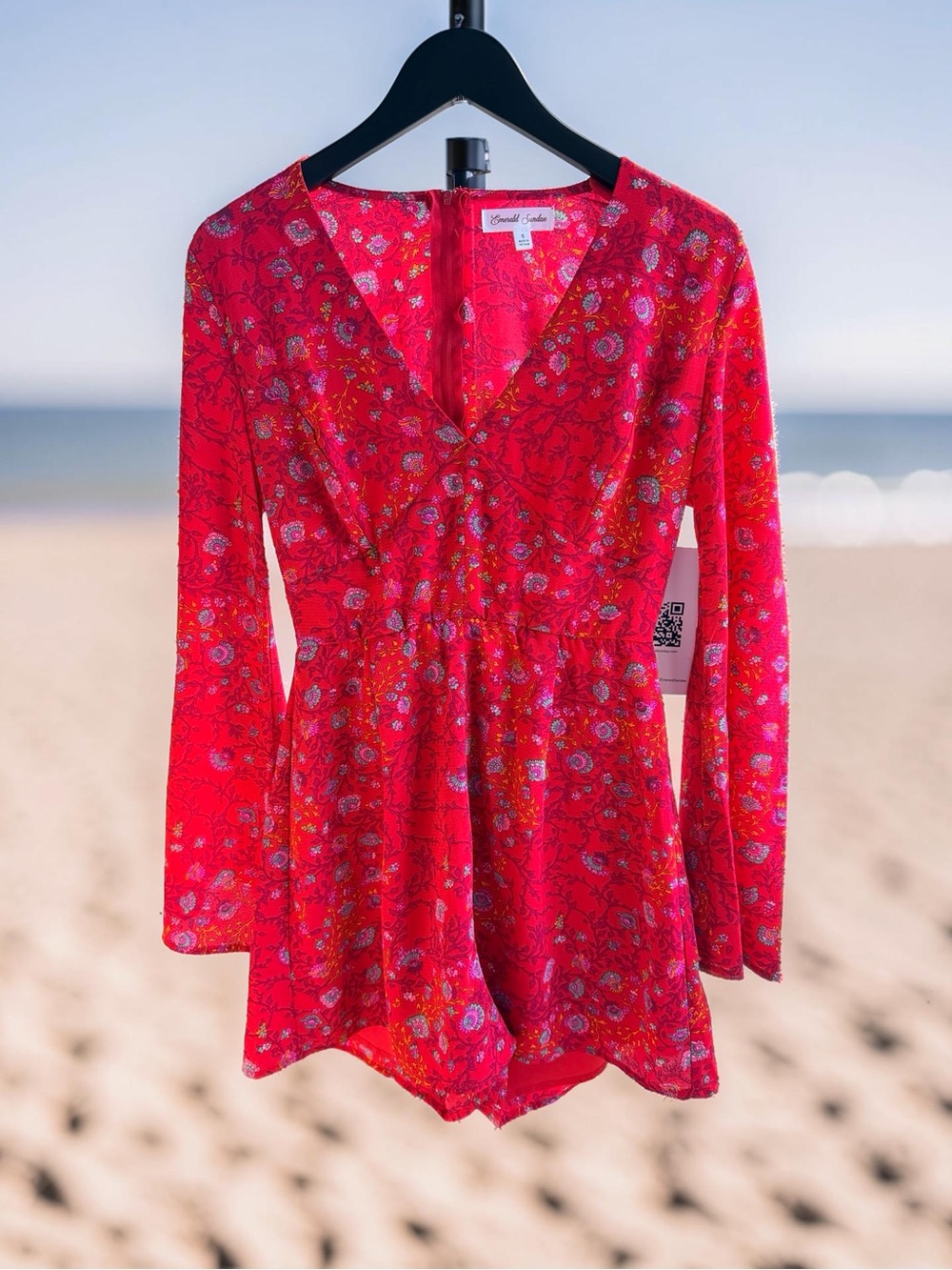 Emerald Sundae Red Floral Long Sleeve Romper